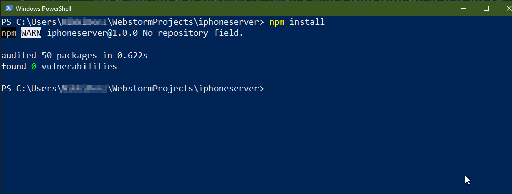 Image showing the npm install command on PowerShell.