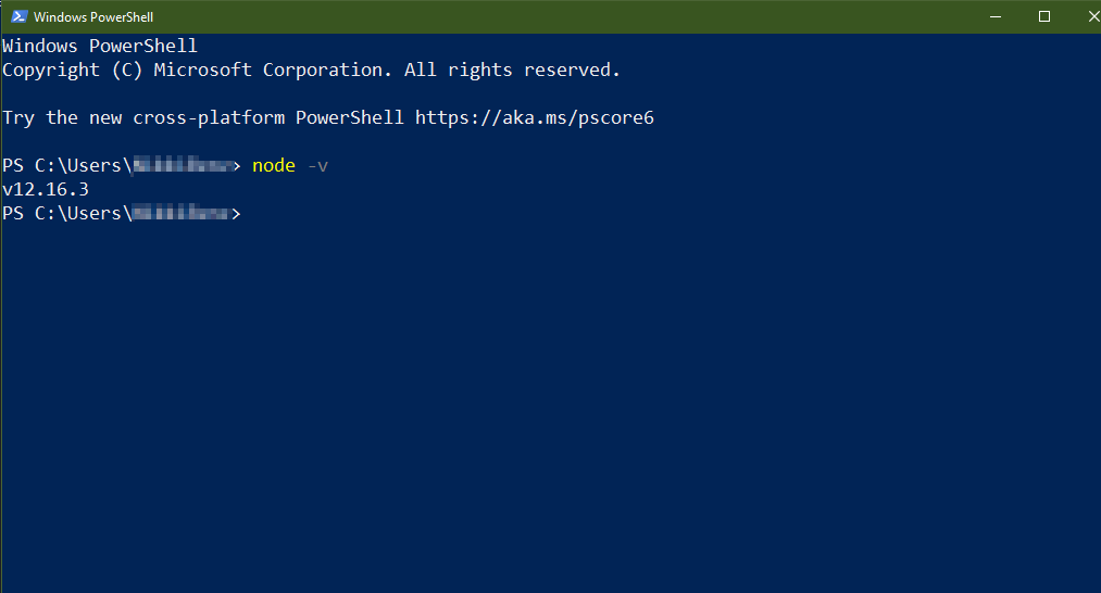 Image showing the node dash v command on PowerShell.